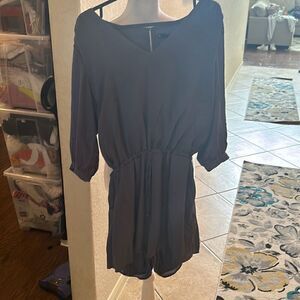 Krisa Women's M V-Neck Shirred Romper Dark Denim Blue Long Sleeve Casual New